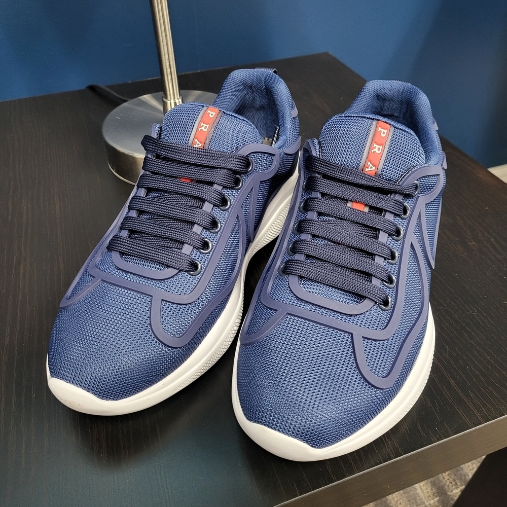 Prada Americas Cup Rubber-Trimmed Mesh Sneakers Blue/white..Size 40